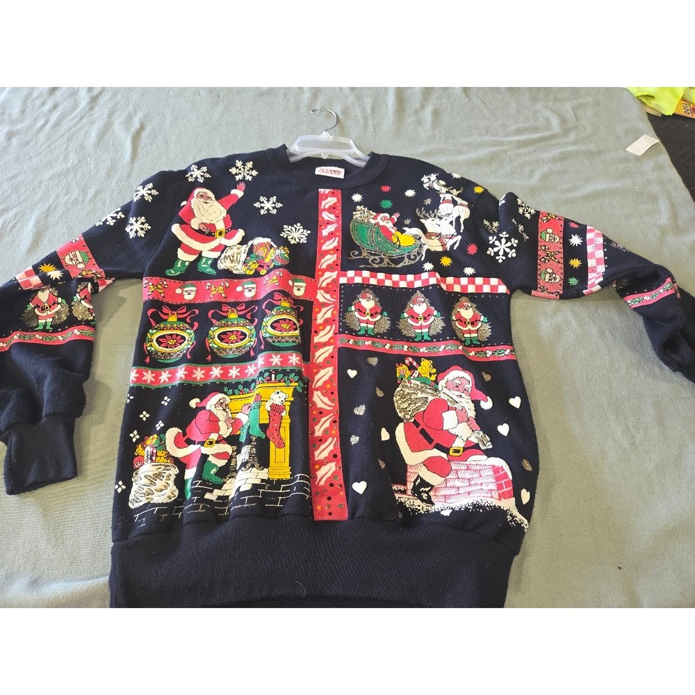 Nutcracker Vintage Ugly Christmas Sweater Santa Claus Glitter Black Pullover